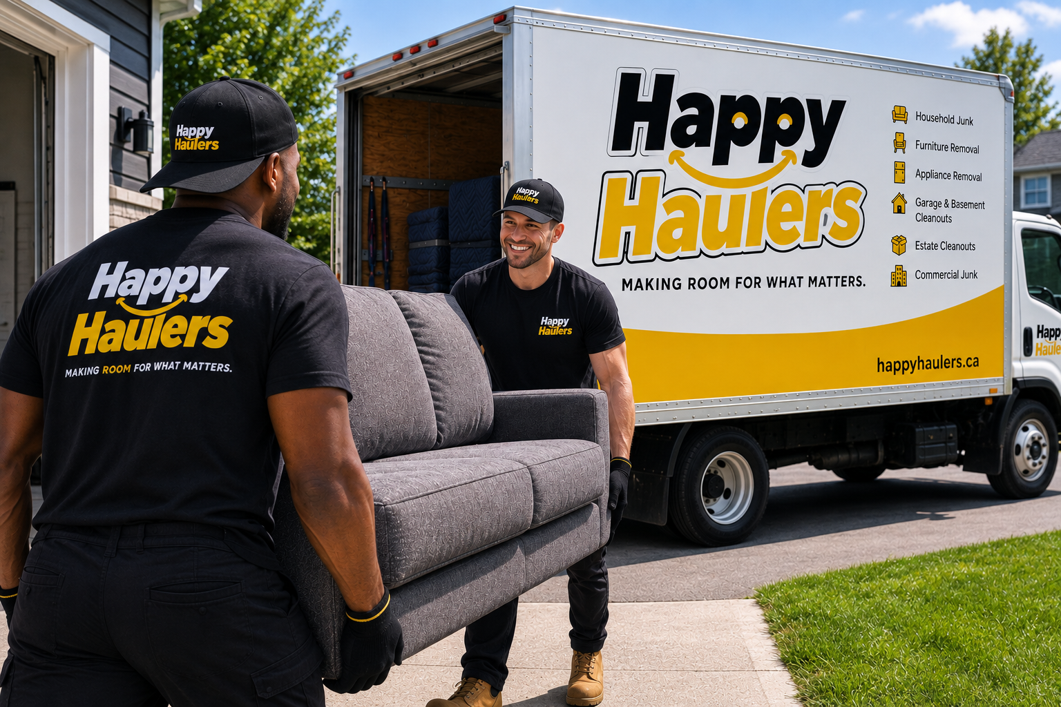 Happy Haulers team loading a couch into a branded junk removal truck in Greater Moncton